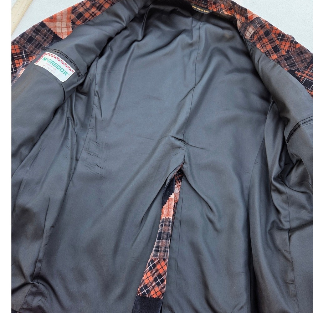 Mens Velvet Blazer McGregor Patchwork Orange Black Plaid Vintage 42 USA Classic‎ - Picture 2 of 8